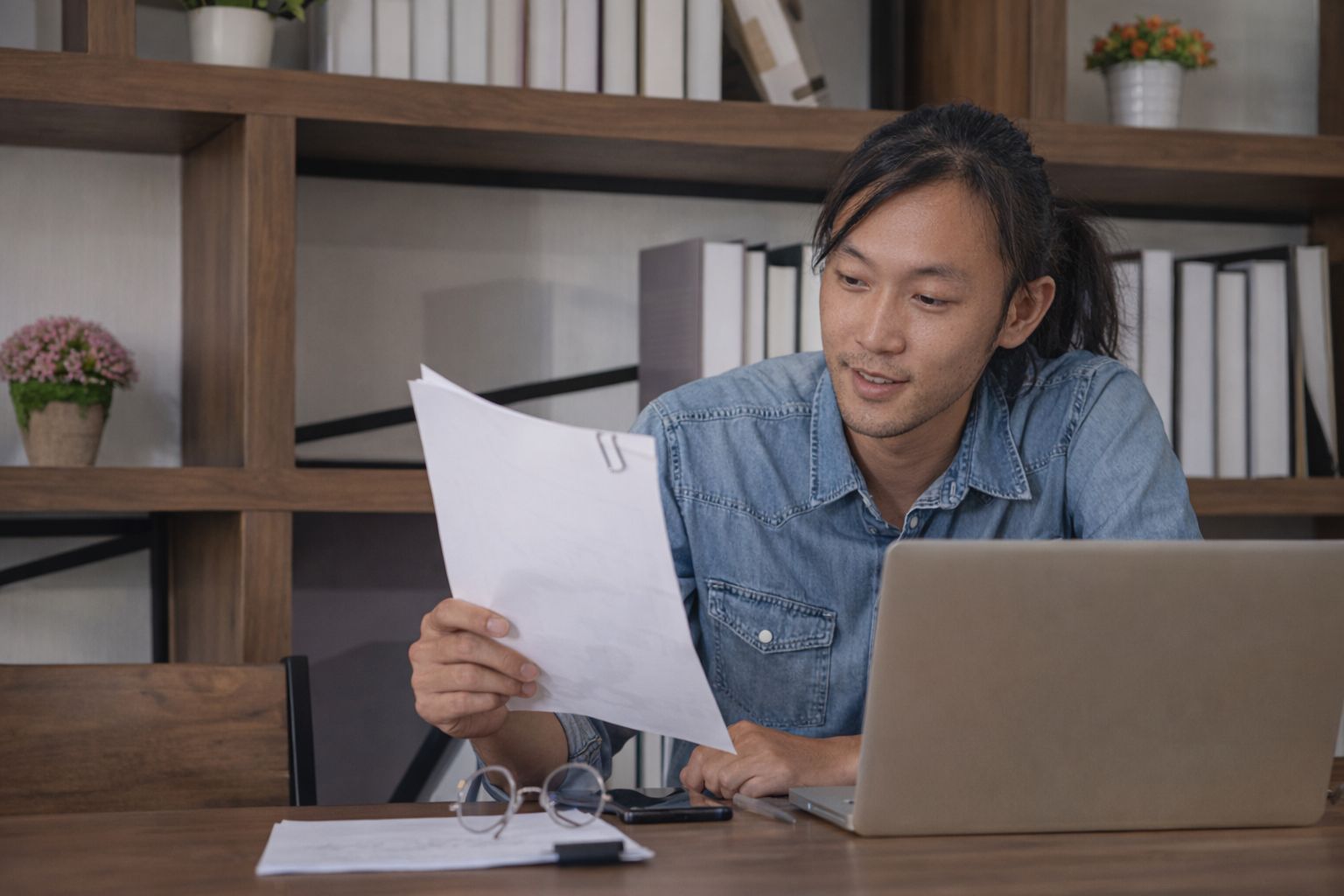 Pienyrittäjä tarkastelee laskuja ja asiakirjoja tietokoneen ääressä.